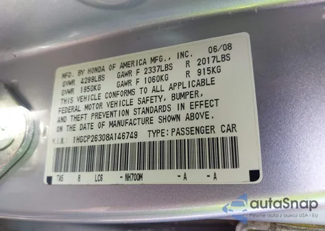 2008 Honda Accord 2.4 Lx from USA, damaged, VIN 1HGCP26308A146749